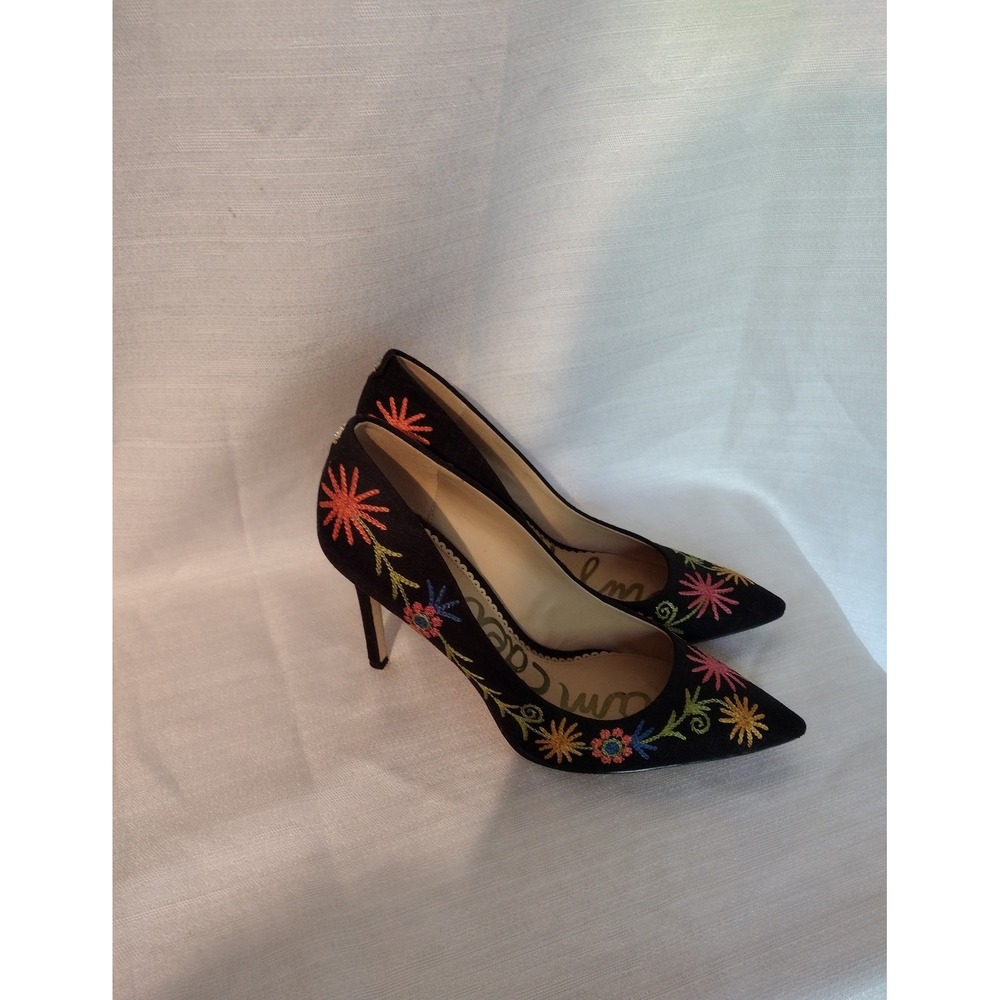 Sam Edelman Women Heel Shoes 9.5W-Black Denim with Teal & Pink Floral Embroidery